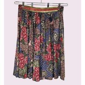 Vtg CAROL ANDERSON Boho Patchwork Print Midi Skirt Size L Pleated Metallic Band